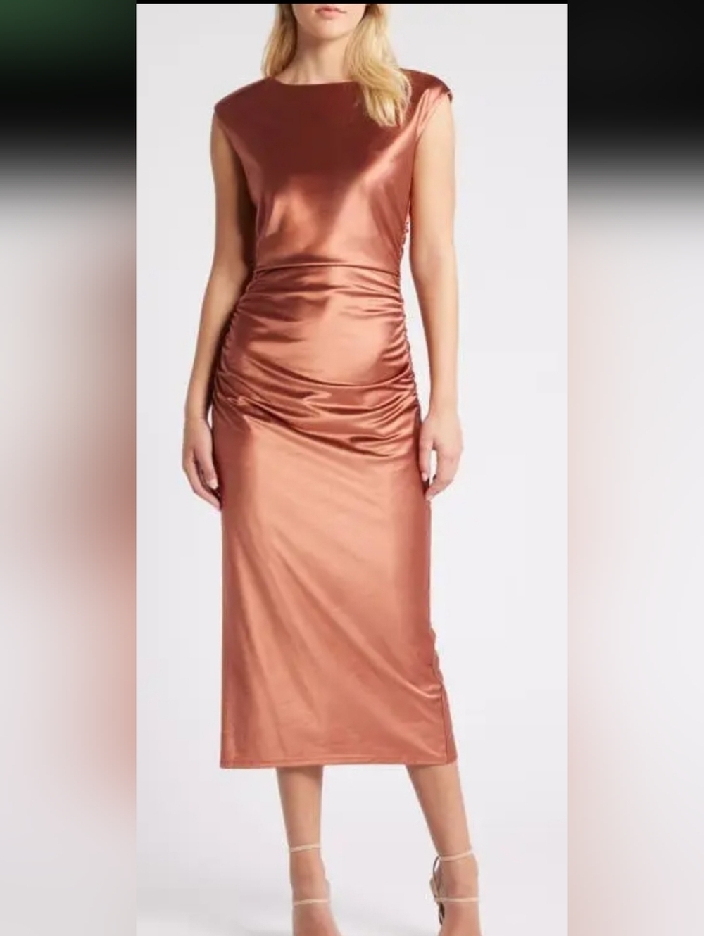 NWT - Chelsea28 Bronze Satin Ruched Midi Dress - Size Large